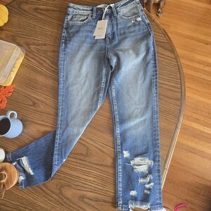 Trendy Blue Distressed Straight Leg Jeans